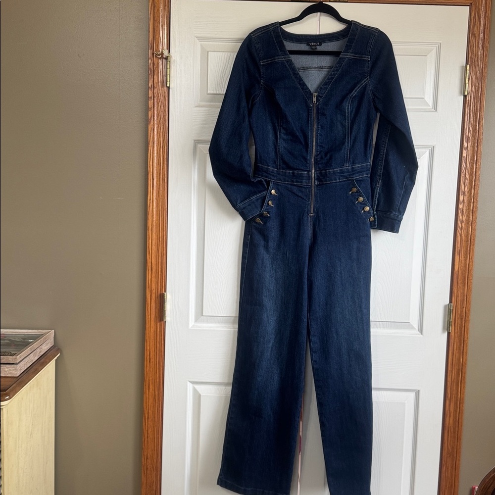 VENUS Dark Indigo Zip-Front Denim Overalls
